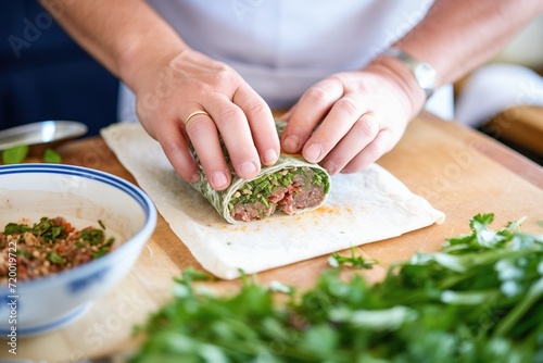 hands rolling tantuni in bread with herbs