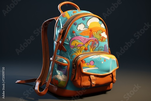 Backpack with drawings on a gray background, Back to school and education concept. 3d rendering. Backpack with school supplies on gray background Ai generated