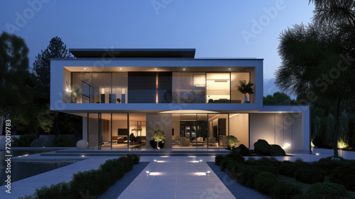 front of a large modern house at night photo