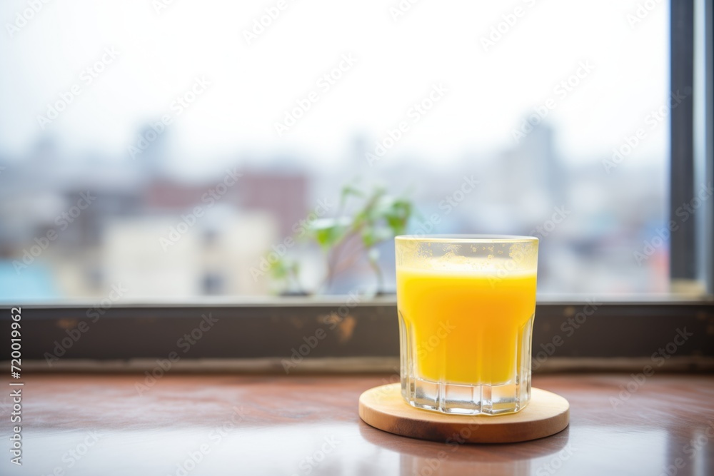 frosty glass of mango juice on windowsill, cityscape in the background frosty glass of mango juice on windowsill, cityscape in the background