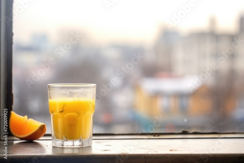 frosty glass of mango juice on windowsill, cityscape in the background