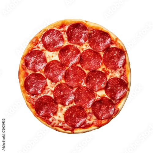 Salami pizza top view isolated on transparent background. Generative ai.