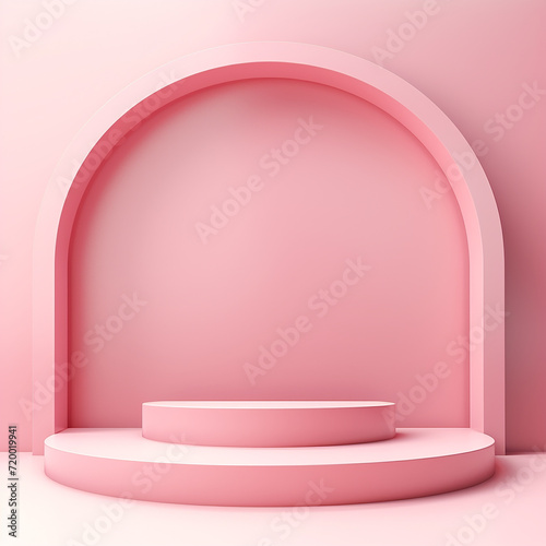 Shiny pink round pedestal podium. Abstract high quality 3d concept illuminated pedestal by spotlights on white background. Futuristic background can be add on banners flyers ro web