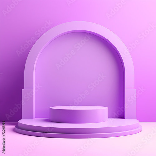 Shiny purple round pedestal podium. Abstract high quality 3d concept illuminated pedestal by spotlights on white background. Futuristic background can be add on banners flyers ro web
