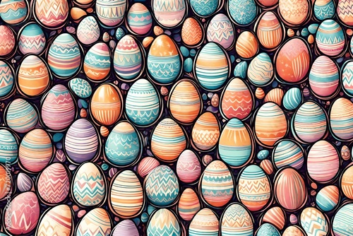 A symphony of interlocking Easter eggs unfolds in a retro-style illustration, creating a seamless pattern that radiates with creative energy in pastel colors.