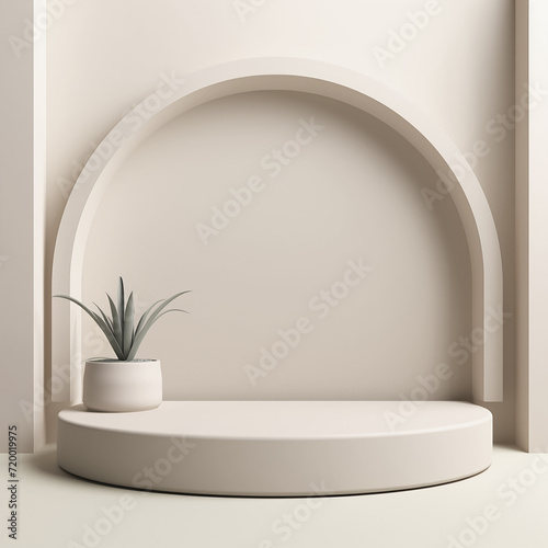 Shiny white round pedestal podium. Abstract high quality 3d concept illuminated pedestal by spotlights on white background. Futuristic background can be add on banners flyers ro web