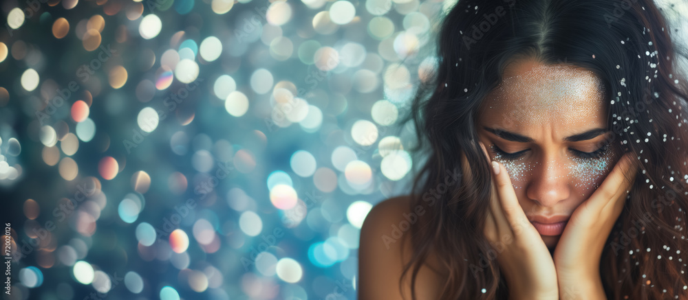 Sad woman with glitter tears among sparkling lights. Sad woman with glitter tears among sparkling lights.