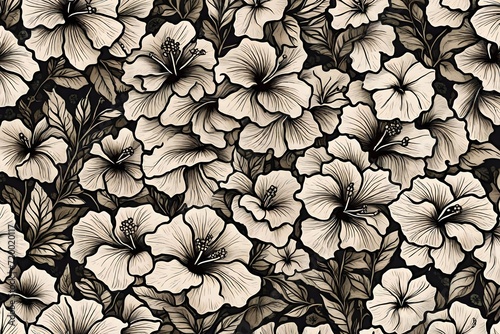 A mesmerizing display of hand-drawn hibiscus flowers forming a seamless pattern, inviting you into a world of vintage botanical artistry.