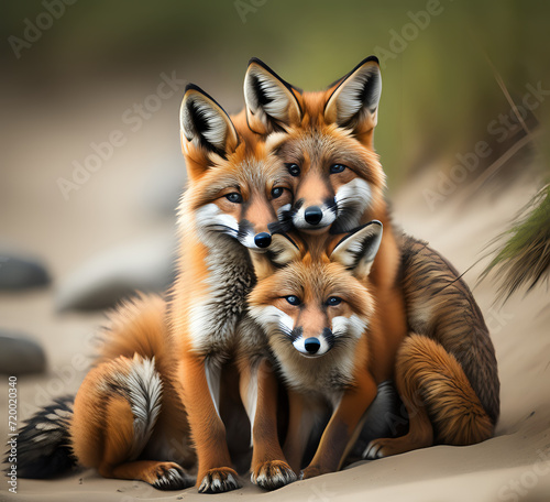 Close-up portrait of two red foxes in the forest. Wild Red Foxes Untamed Creatures. Family of cute foxes in the winter forest Generative AI
