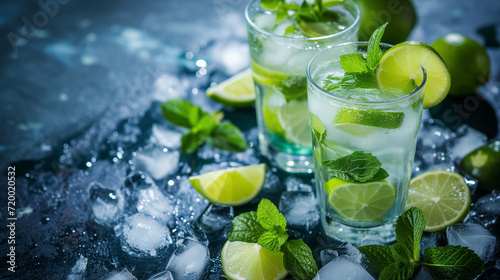 Fresh mojito drinks with lime and mint on ice.