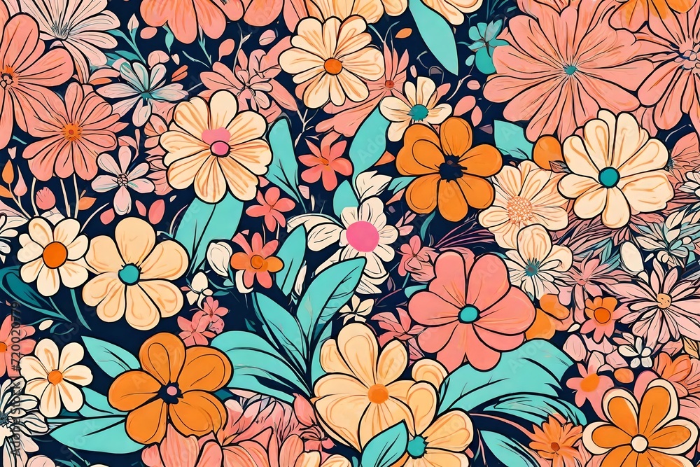 Retro vibes bloom in this HD-captured vintage 70s style floral artwork, embodying a groovy and colorful pastel nostalgia. - obrazy, fototapety, plakaty 