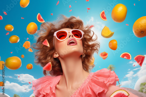 fashion bright blond summer girl with a flying juicy grapefruits posing sky background. summer cover