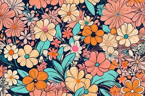 Retro vibes bloom in this HD-captured vintage 70s style floral artwork, embodying a groovy and colorful pastel nostalgia.