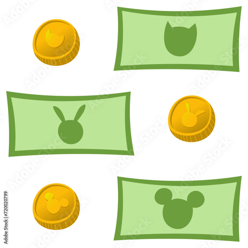 Coins and bills with the obverse of cartoon stylized animals