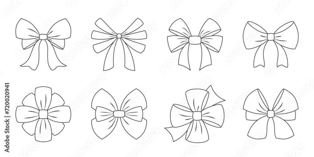 Bow holiday gift party ribbon xmas black line set. Decoration editable stroke event present sign attention different tie shape decor room product wedding holiday packaging element valentine isolated Bow holiday gift party ribbon xmas black line set. Decoration editable stroke event present sign attention different tie shape decor room product wedding holiday packaging element valentine isolated