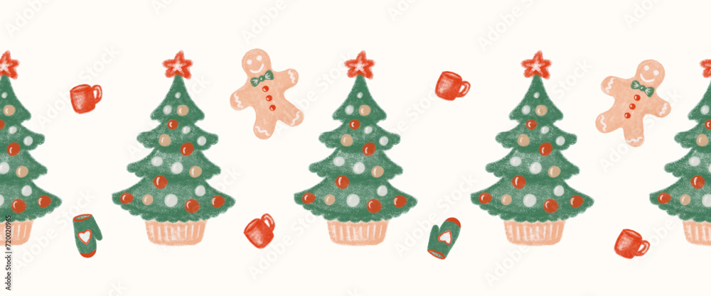 Christmas trees vector repeating border. Seamless pattern trees green with decoration. Winter holiday design for ribbons, card decoration, scrapbooking, banners Christmas trees vector repeating border. Seamless pattern trees green with decoration. Winter holiday design for ribbons, card decoration, scrapbooking, banners