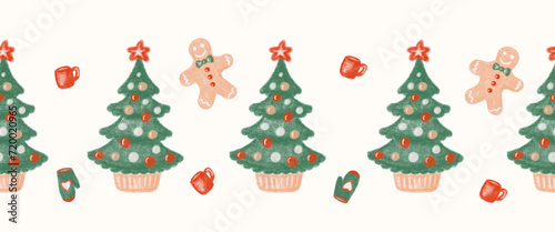 Christmas trees vector repeating border. Seamless pattern trees green with decoration. Winter holiday design for ribbons, card decoration, scrapbooking, banners