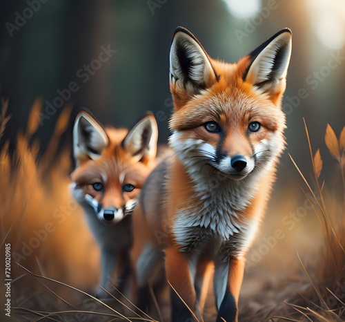Close-up portrait of two red foxes in the forest. Wild Red Foxes Untamed Creatures. Family of cute foxes in the winter forest Generative AI © Jam