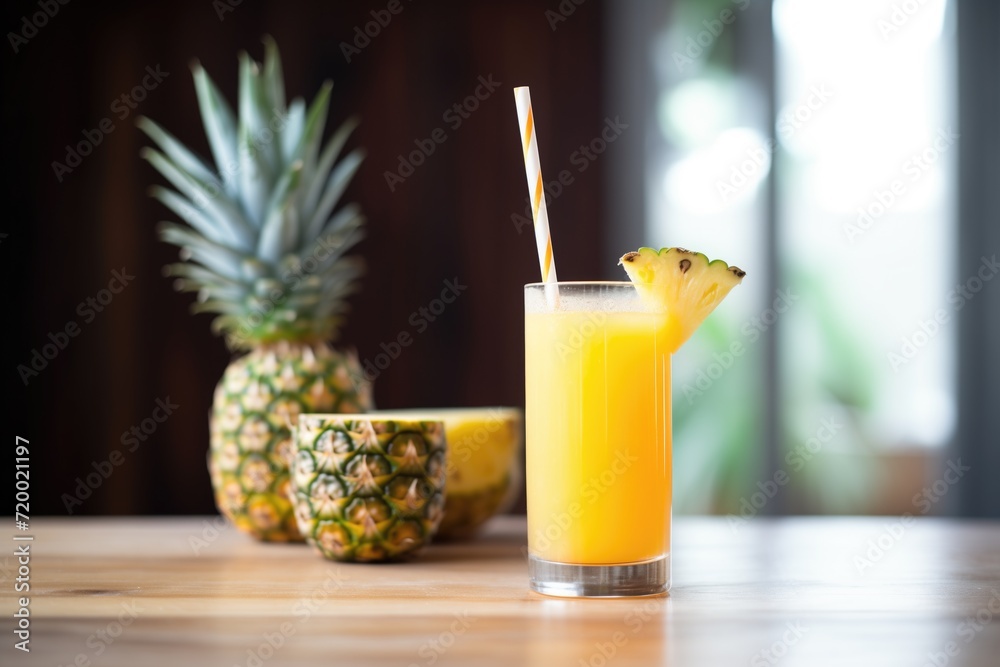 pineapple juice in a glass with a metal straw, whole fruit behind pineapple juice in a glass with a metal straw, whole fruit behind