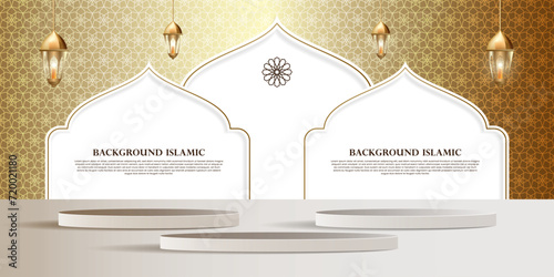 Product display pulpit with a luxurious gold Islamic, Ramadan, Arabic theme background