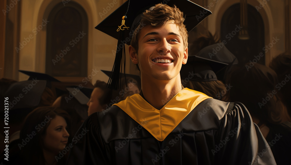 Obraz premium Portrait of a graduate in a cap and gown. Cheerful american guy in graduation costume, student posing over international group of students at university campus