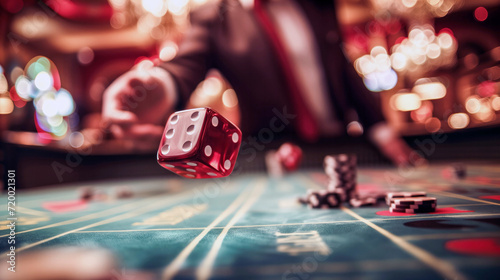 man at a casino table throwing dice, with blurred background
