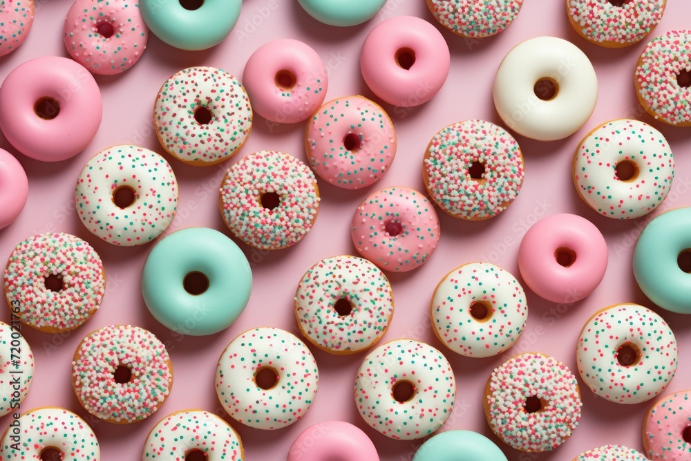 Glazed donuts overhead view. Pastel toned background.