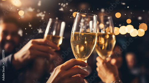 Closeup of group of friends toasting with champagne glasses at party against glittering background with confetti