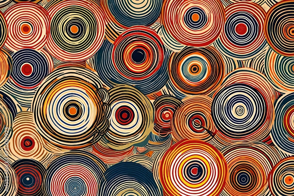 Playful and vibrant, an illustration features concentric circles in a retro-style print, creating a seamless pattern against a backdrop of trendy primary colors. Playful and vibrant, an illustration features concentric circles in a retro-style print, creating a seamless pattern against a backdrop of trendy primary colors.
