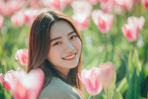 Smiling young asian woman with tulip flowers on green background