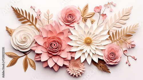 abstract cut paper flowers isolated on white background. 3d render 