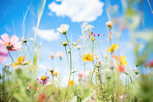 wideangle shot of diverse wildflowers with blue sky © studioworkstock