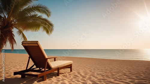 sunset on the beach, sun lounger and palm tree © Irina