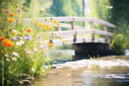 Valokuva footbridge over creek with wildflowers on riverbanks