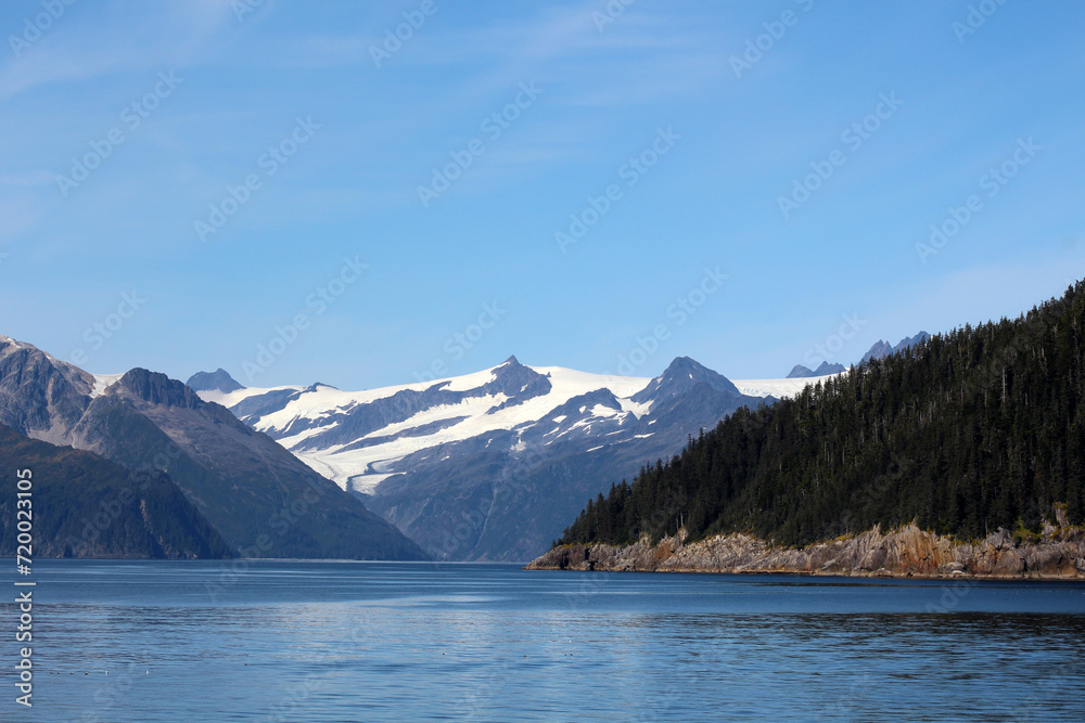 Landscape on the Alaskan coast, in the background the mountain range of the Kenai Fjords National Park-Resurrection Bay