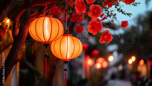 Traditional Chinese red lanterns hanging outdoors with soft lights and red flowers, celebrating the Lantern Festival or Chinese New Year.