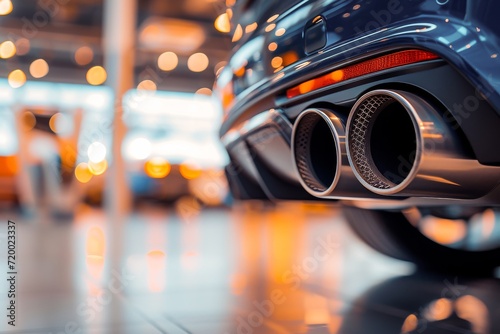 Close-up of a luxury car's twin exhaust pipes in a modern showroom with blurred background.