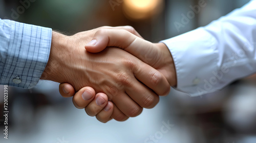 Closeup portrait of hands, businessmen do a handshake with partner. Business partnership, finance, investment, greeting, dealing, and merger concept. Copy space