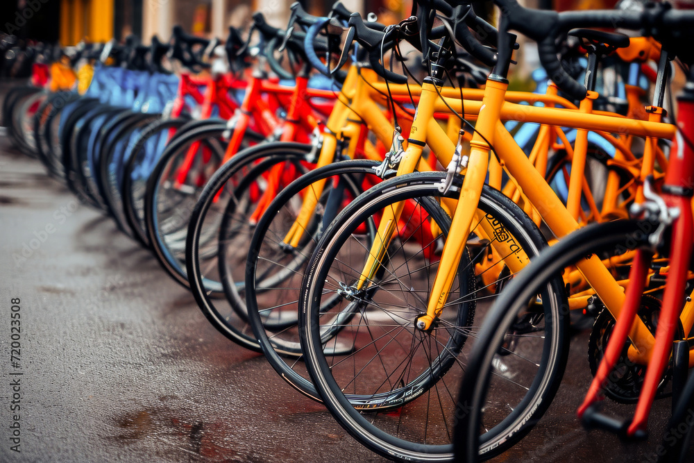 Row of red and orange rental bicycles lined up on a city street, offering eco-friendly urban transportation options. Row of red and orange rental bicycles lined up on a city street, offering eco-friendly urban transportation options.
