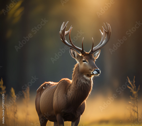 deer in the forest. Big wild deer in autumn forest  A majestic deer with antlers standing proudly in the forest at dawn. Created with Generative AI 