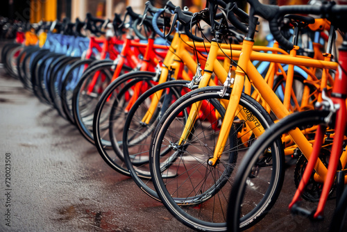 Row of red and orange rental bicycles lined up on a city street, offering eco-friendly urban transportation options.