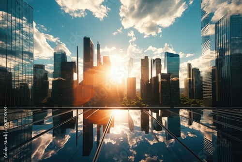 Reflective skyscrapers, business office buildings, Reflective Skyscrapers Business office buildings, low angle view of skyscrapers in city, sunny day. Business wallpaper. Ai generated