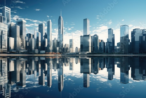 Reflective Skyscrapers Business office buildings, Reflective skyscrapers, business office buildings. low angle view of skyscrapers in city, sunny day. Business wallpaper. Ai generated © Tanu