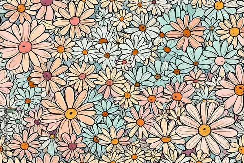 A burst of pastel-colored daisy flowers unfolds in HD, creating a trendy seamless pattern reminiscent of vintage 70s grooviness. © Best