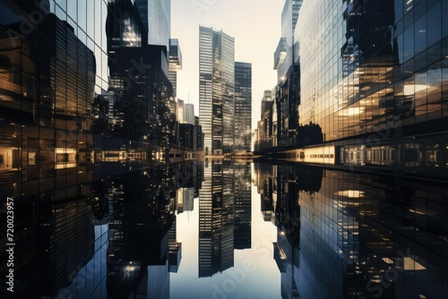 Reflective Skyscrapers Business office buildings  Reflective skyscrapers  business office buildings. low angle view of skyscrapers in city  sunny day. Business wallpaper. Ai generated