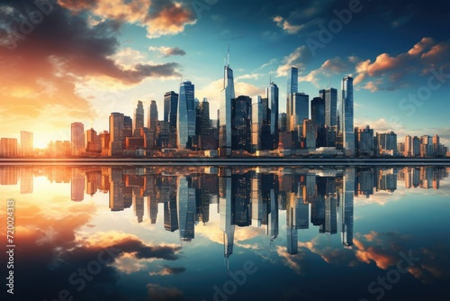 Reflective Skyscrapers Business office buildings, Reflective skyscrapers, business office buildings. low angle view of skyscrapers in city, sunny day. Business wallpaper. Ai generated © Tanu