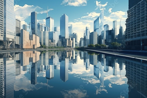 Reflective Skyscrapers Business office buildings, Reflective skyscrapers, business office buildings. low angle view of skyscrapers in city, sunny day. Business wallpaper. Ai generated