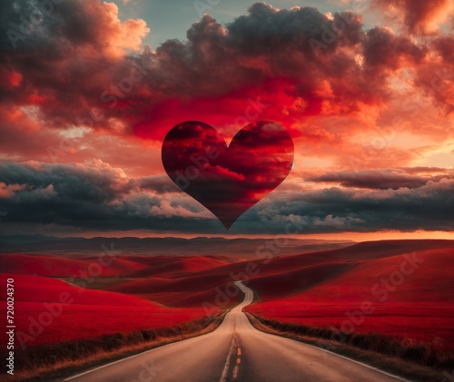 Red heart shaped sky at sunset. Beautiful landscape with road and clouds. AI generated