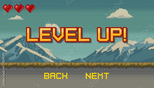 Pixel art banner with Level Up text and mountain landscape background. Colorful pixel arcade screen for game design. Vector illustration.