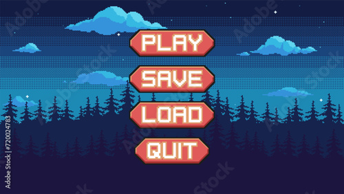 Pixel art game menu with buttons and forest at night background. Retro style UI with woodland in evening for game or application.